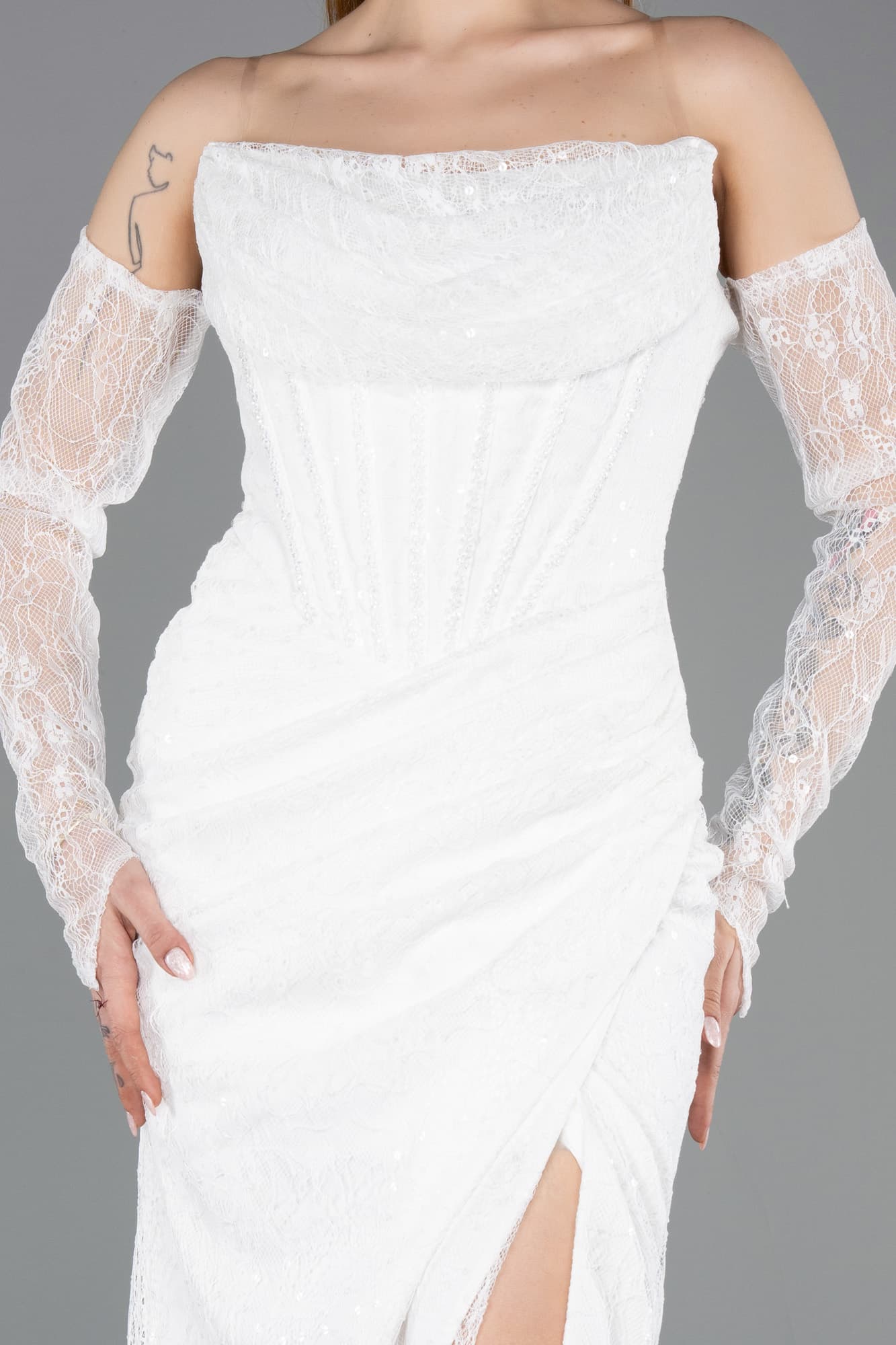 Drapeli Straplez Yaka Midi Dantel Davet Elbisesi ABK2558 3
